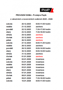 VÁNOČNÍ otevírací doba - prodejna Papík